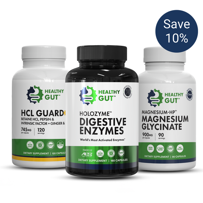 Three Healthy Gut supplement bottles: HCL Guard+, Holozyme Digestive Enzymes, Magnesium Glycinate; badge 'Save 10%'.