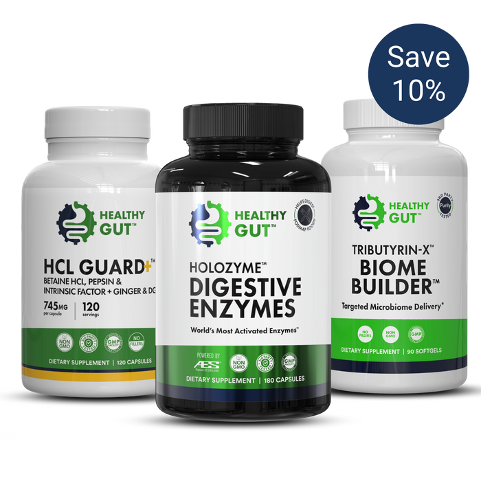 HEALTHY GUT HCL GUARD+ • HOLOZYME DIGESTIVE ENZYMES • TRIBUTYRIN-X BIOME BUILDER — Save 10%