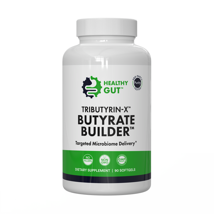 Front view of Tributyrin-X Butyrate Builder bottle showing Healthy Gut label and Targeted Microbiome Delivery text on white background