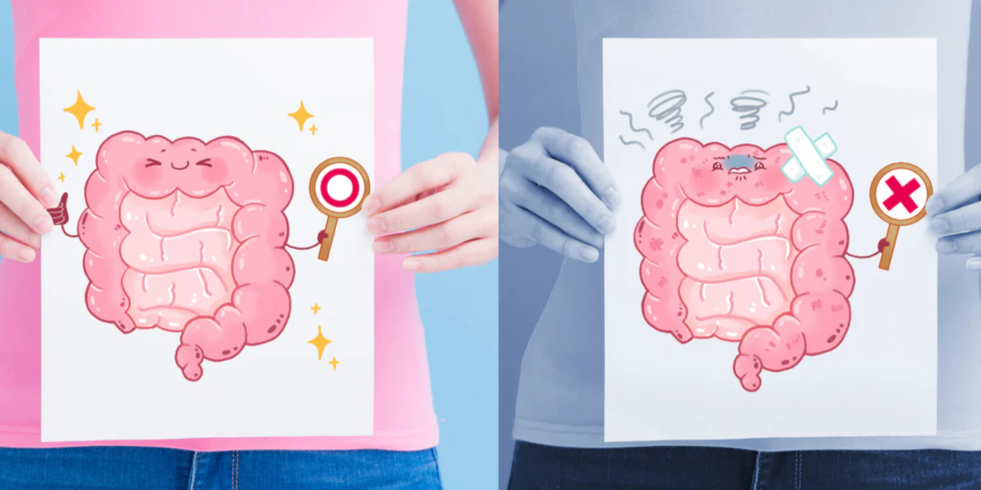 Side-by-side cartoons: happy healthy colon with target and sparkles; distressed colon with bandage and red X.