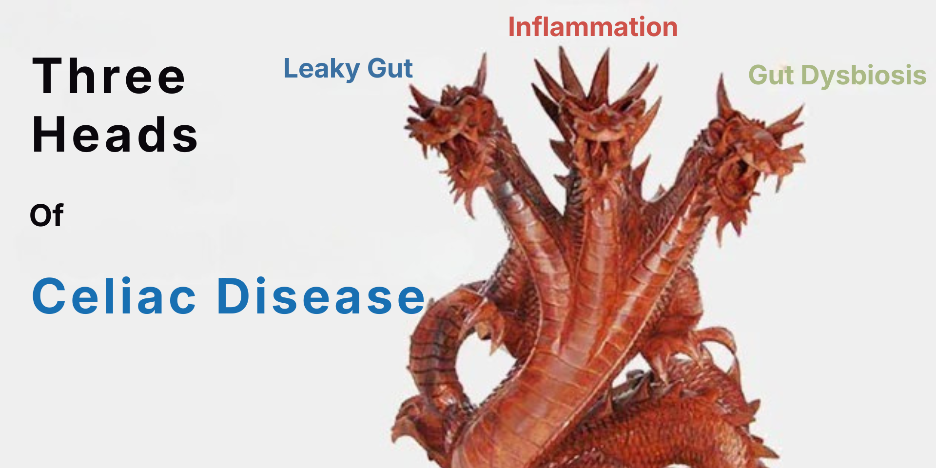 Three Heads Of Celiac Disease — three-headed dragon labeled Leaky Gut, Inflammation, Gut Dysbiosis.