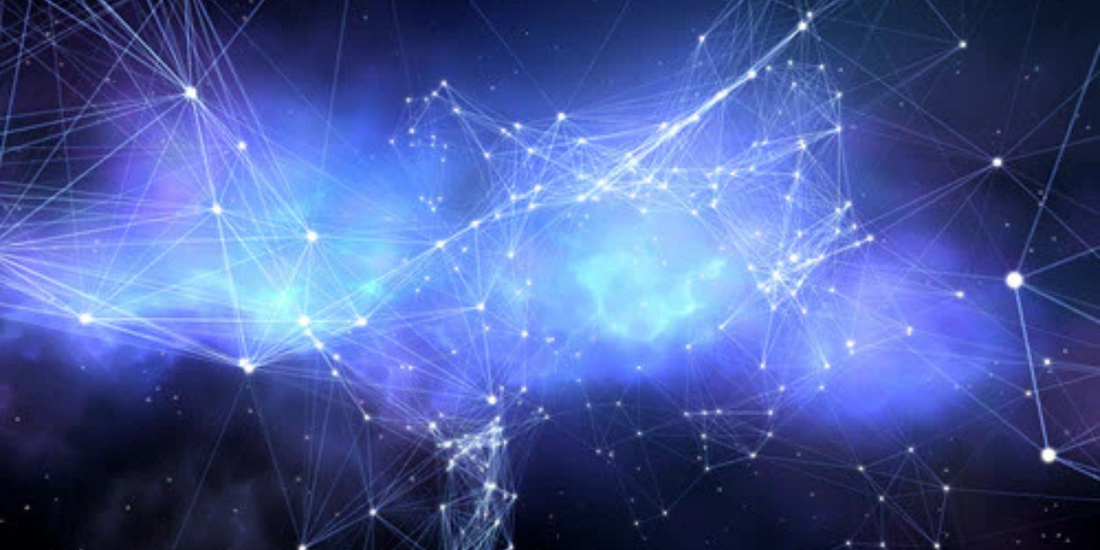 Abstract blue cosmic network of glowing nodes and connecting lines evoking interconnected bodily systems
