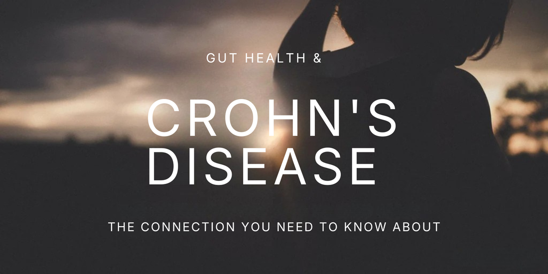 Silhouetted person at sunset with overlaid headline 'CROHN'S DISEASE' and subhead 'The connection you need to know about'