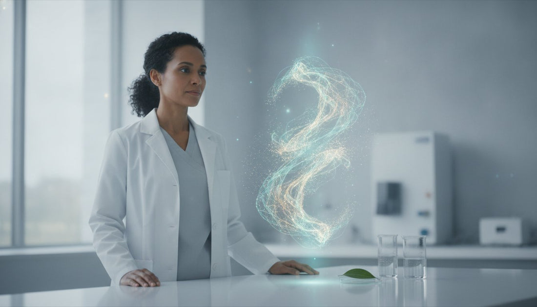 Woman in white lab coat beside a glowing holographic digestive tract in a modern laboratory