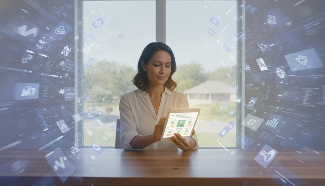 Woman reviewing a gut health education program on a tablet at a table with digital science graphics