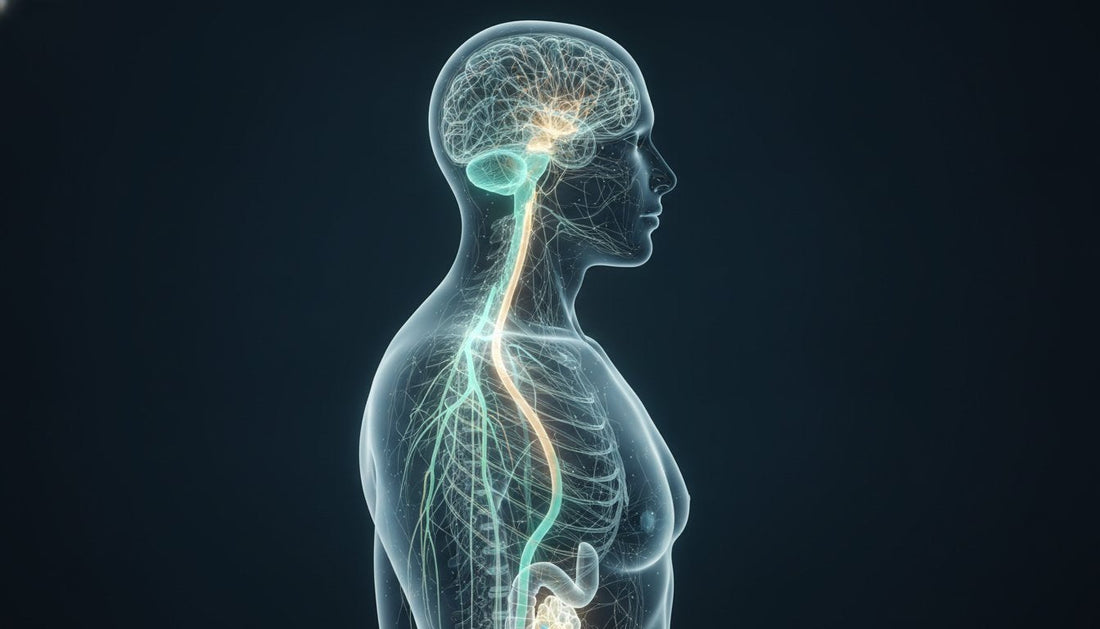 Illustration of a side profile showing the brain, spinal cord, digestive system, and connected nerve pathways