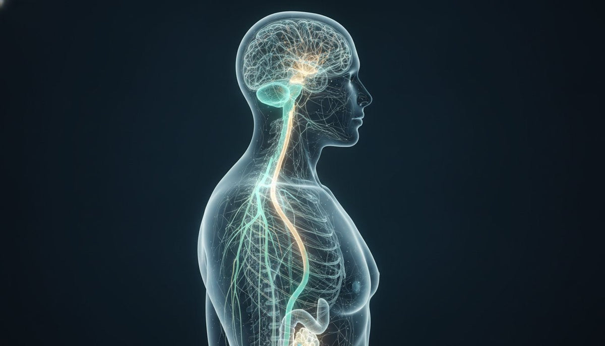 Illustration of a side profile showing the brain, spinal cord, digestive system, and connected nerve pathways