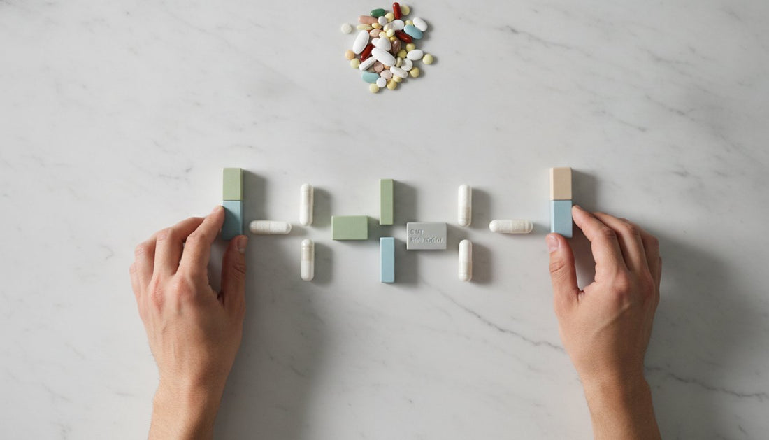 Hands arranging pills and colored blocks on a marble surface beside a pile of supplements