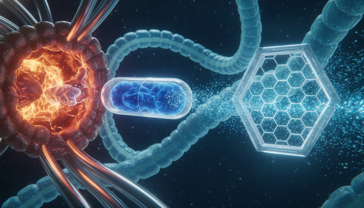 Microscopic illustration of a butyrate supplement capsule among gut microbes and molecular structures