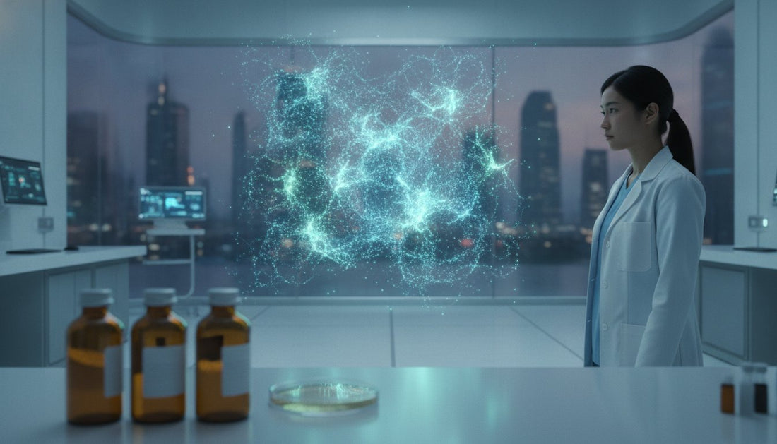 Scientist in a lab coat observing a glowing holographic visualization beside supplement bottles in a laboratory