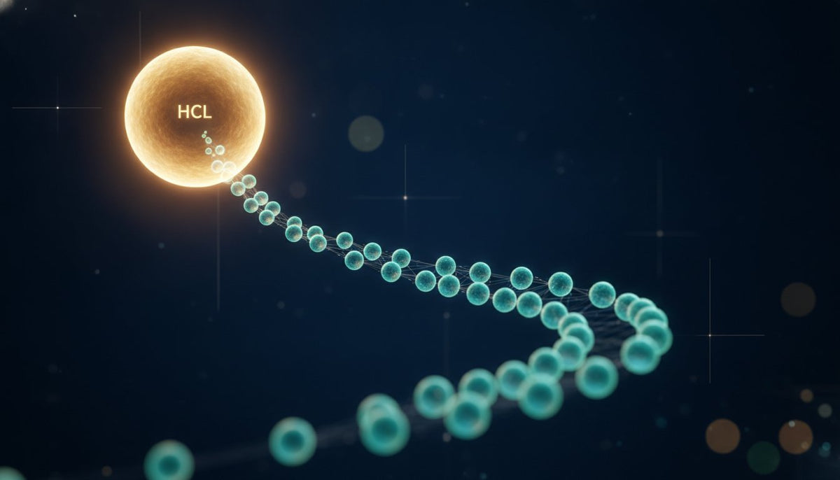 Conceptual illustration of HCL as a glowing sphere connected to a turquoise molecular chain