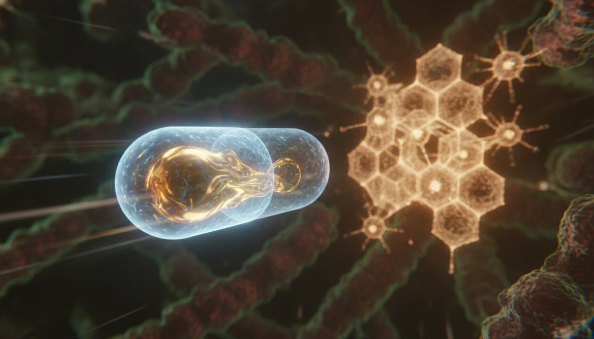 Conceptual visualization of Tributyrin-X postbiotic, a glowing capsule-like form among cellular structures