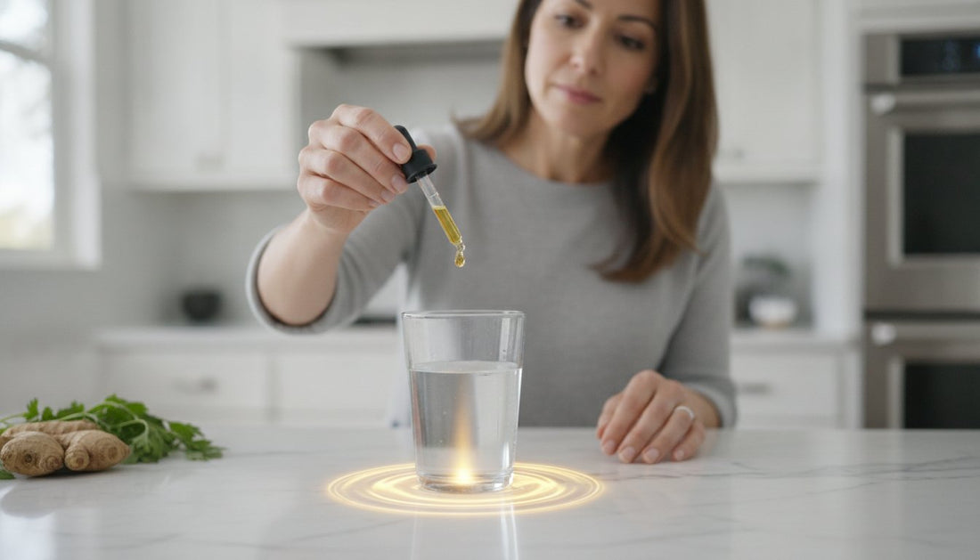 Woman holding a dropper over a glass of water in a bright kitchen