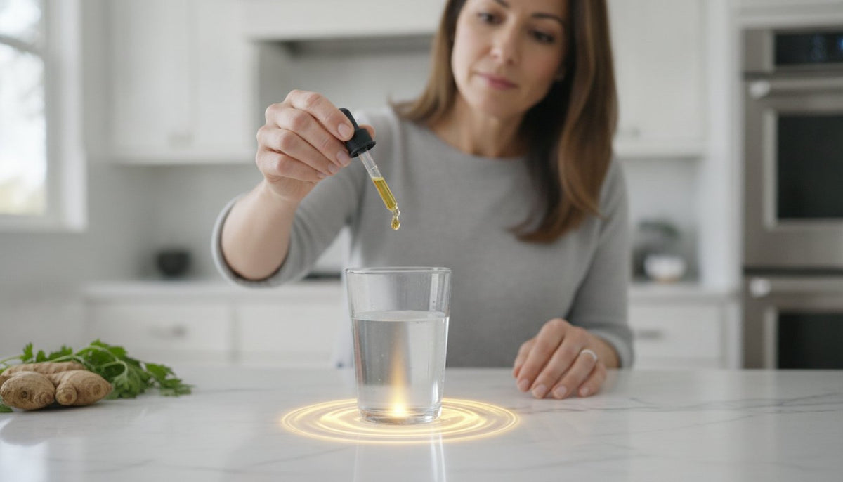 Woman holding a dropper over a glass of water in a bright kitchen