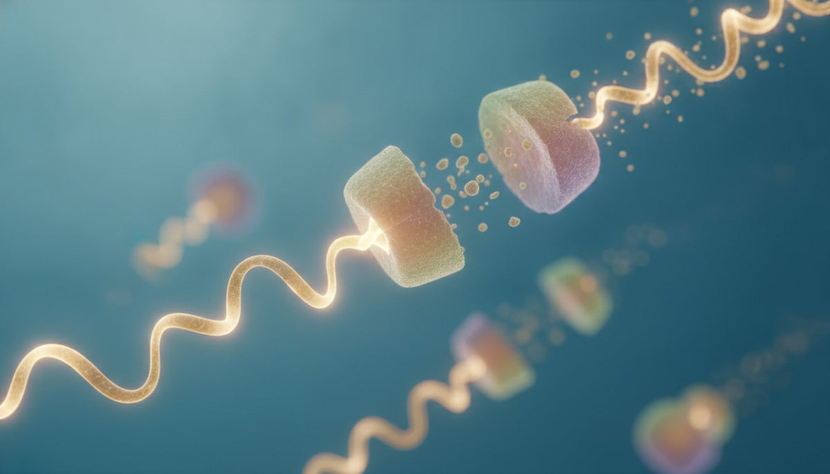 Abstract illustration of digestive enzymes and gut microorganisms against a blue background