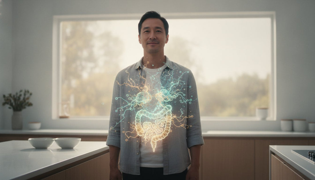 Man standing in a kitchen with a glowing digestive system overlay illustrating digestive health