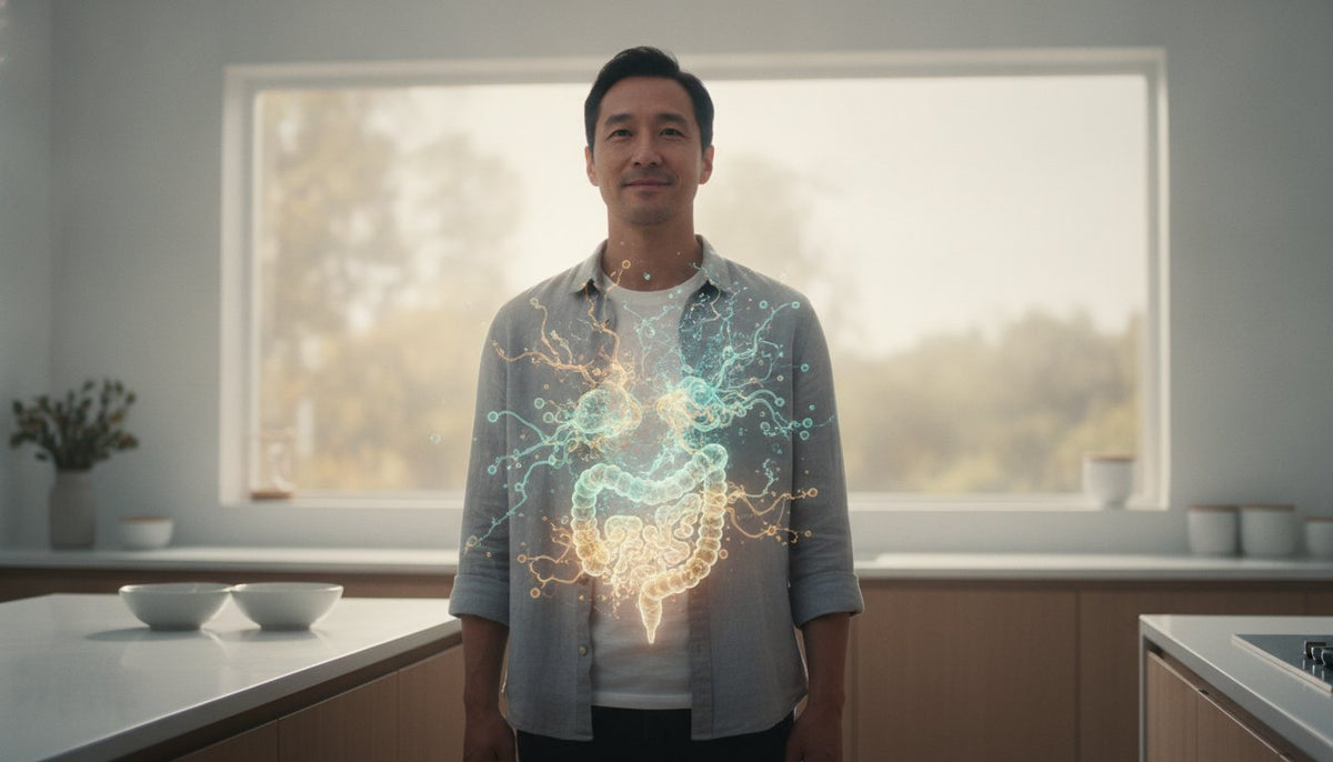 Man standing in a kitchen with a glowing digestive system overlay illustrating digestive health