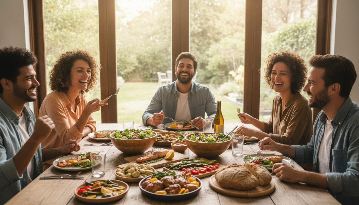 Five adults enjoying a meal together at a dining table in a bright room overlooking a garden