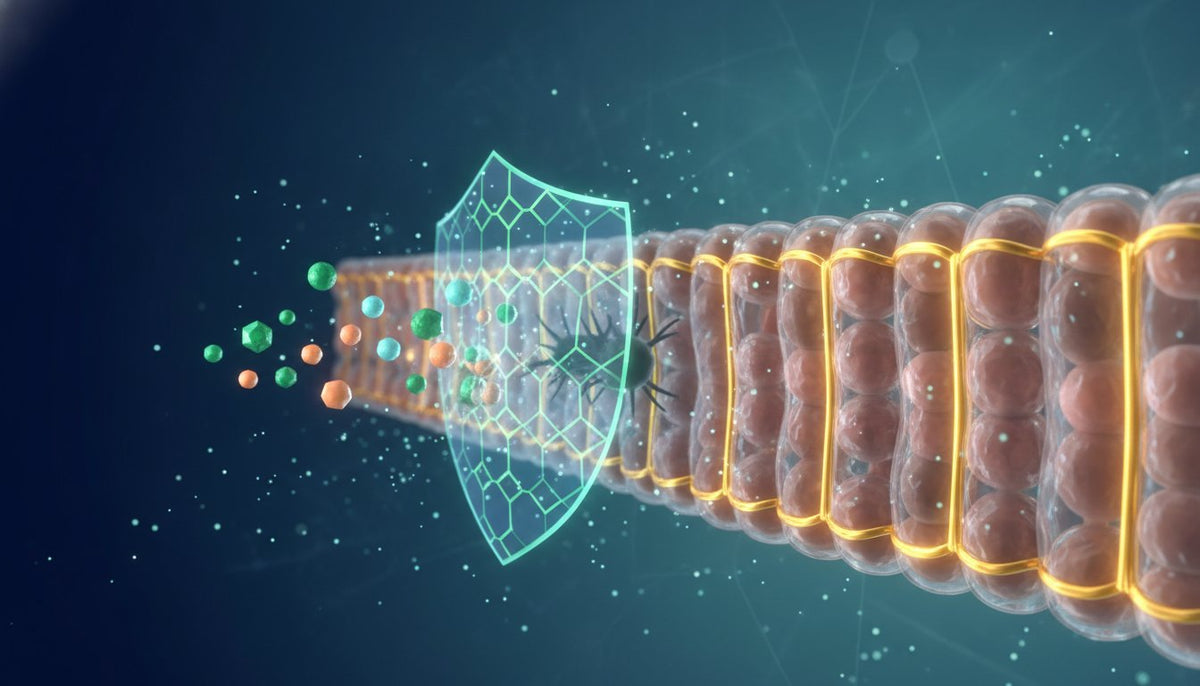Illustration of a gut lining protected by a glowing shield with colorful particles approaching