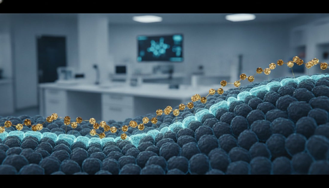 Molecular illustration of a gold bead chain over blue cellular structures in a laboratory