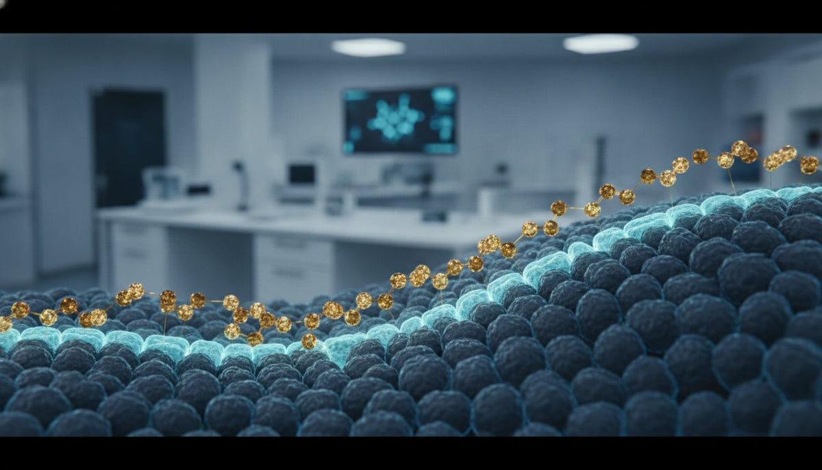 Molecular illustration of a gold bead chain over blue cellular structures in a laboratory
