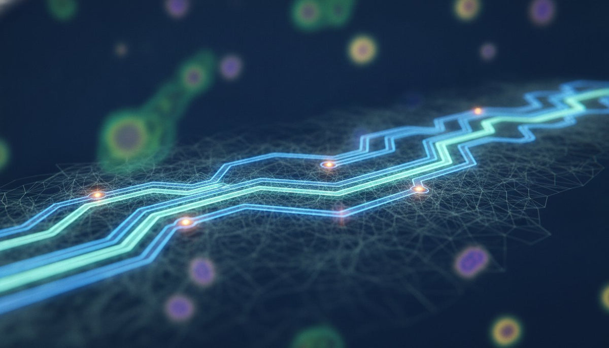 Glowing roadmap paths over a microscopic network with colorful cellular forms