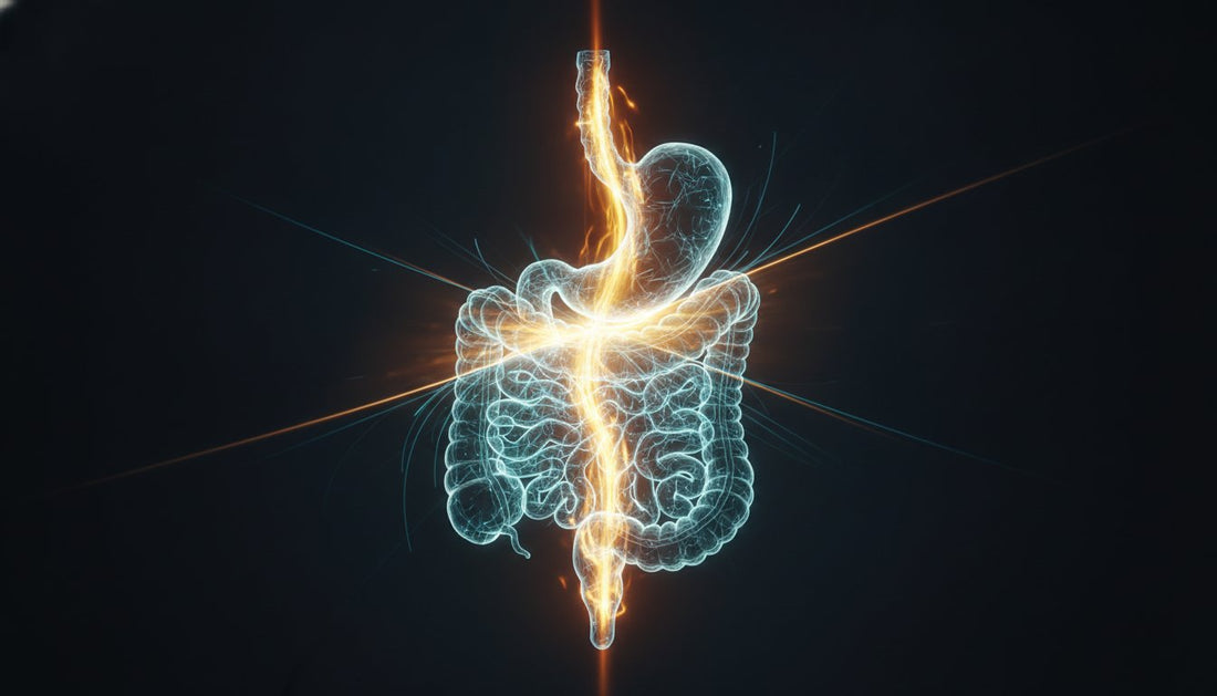 Illustration of the digestive tract with a glowing golden pathway on a dark background