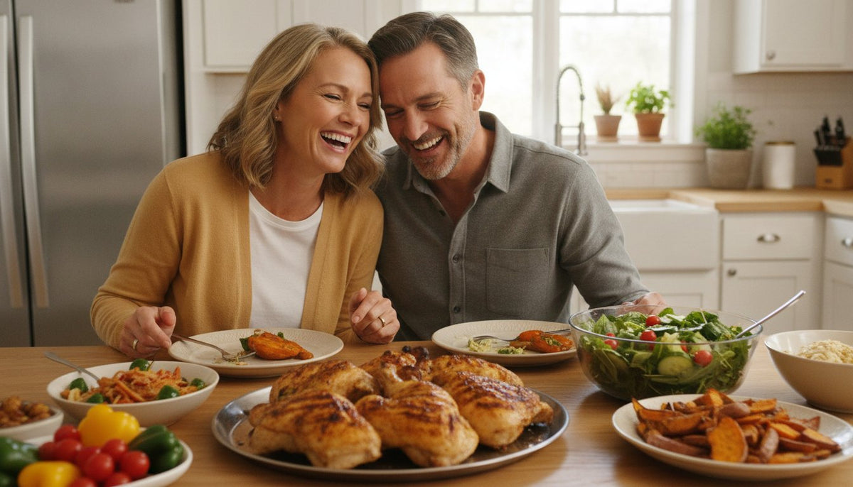 Couple smiling over a meal at a kitchen table with roasted chicken, salad, and vegetables