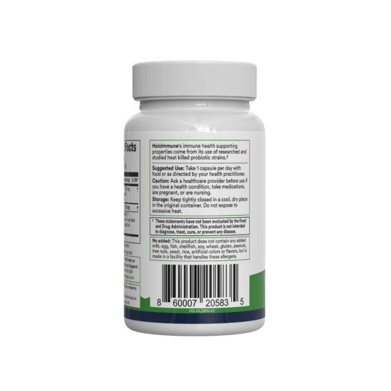 Back of HoloImmune bottle showing supplement facts and suggested use text with barcode on white background