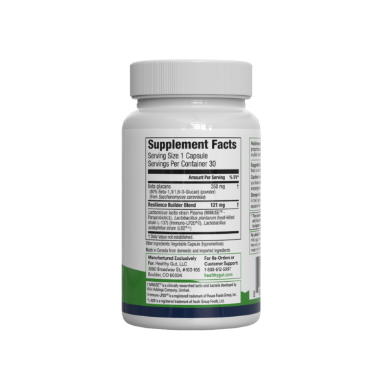 Back label of HoloImmune supplement bottle showing 'Supplement Facts; Serving Size 1 Capsule; Servings Per Container 30'.