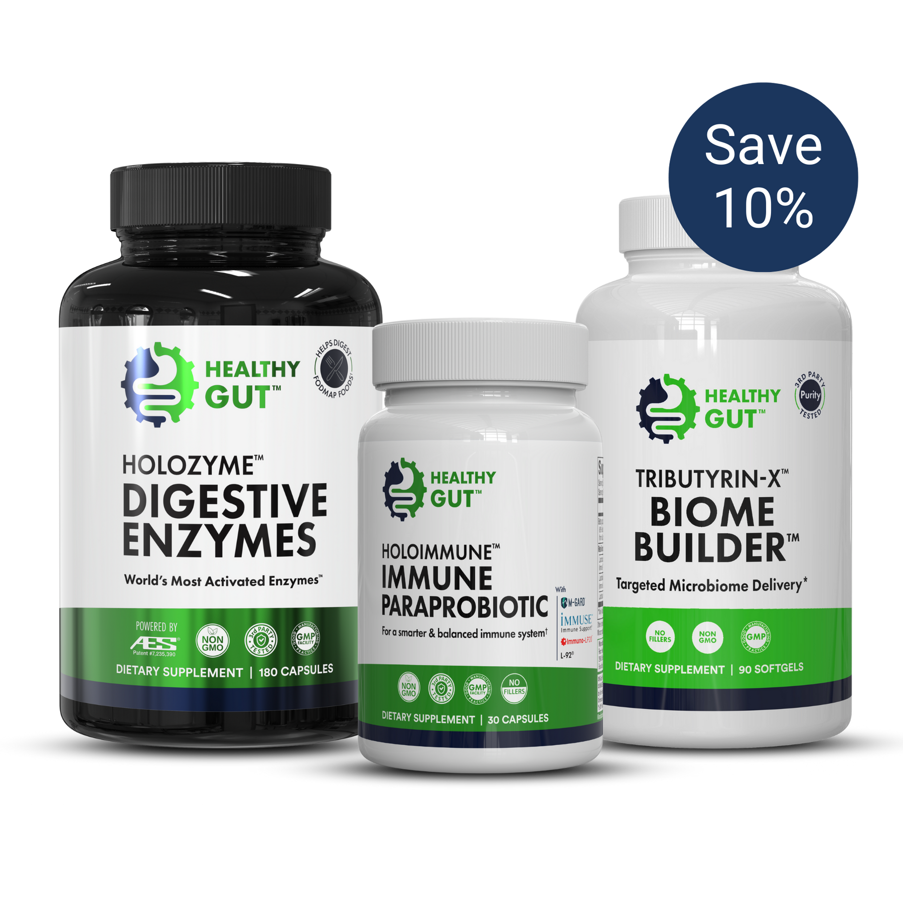 HEALTHY GUT HOLOZYME DIGESTIVE ENZYMES HOLOIMMUNE IMMUNE SUPPORT TRIBUTYRIN-X BIOME Builder Save 10%