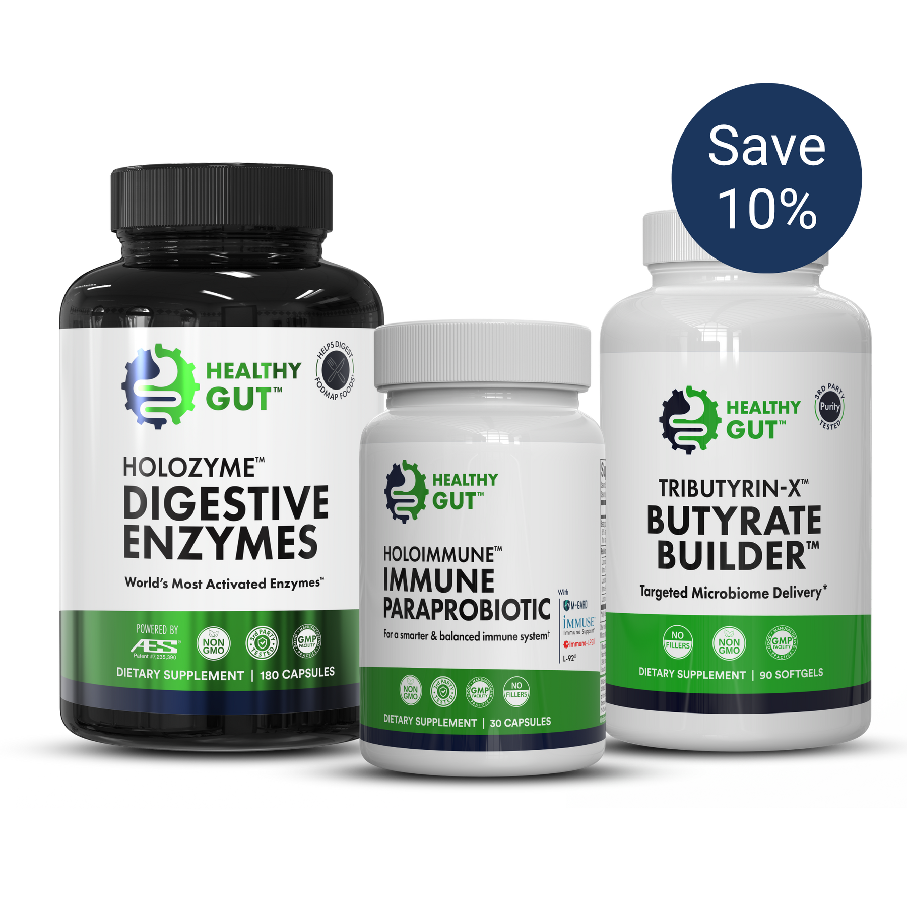 Front of Healthy Gut 30-Day Leaky Gut bundle: three bottles (HoloZyme, HoloImmune, Tributyrin-X) with Save 10 percent badge