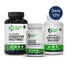 Front of Healthy Gut 30-Day Leaky Gut bundle: three bottles (HoloZyme, HoloImmune, Tributyrin-X) with Save 10 percent badge