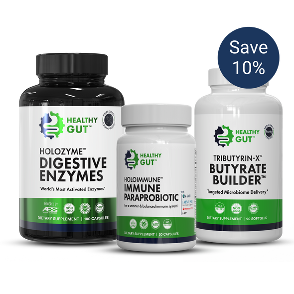 Front of Healthy Gut 30-Day Leaky Gut bundle: three bottles (HoloZyme, HoloImmune, Tributyrin-X) with Save 10 percent badge