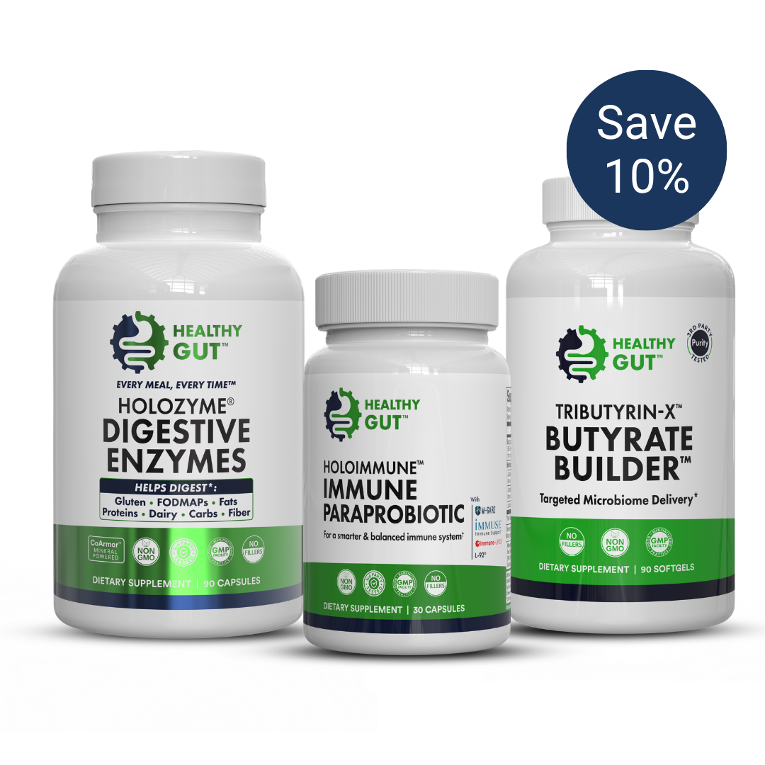 Front view of 30-Day Leaky Gut Bundle with HoloZyme, HoloImmune, and Tributyrin-X bottles, Save 10% badge