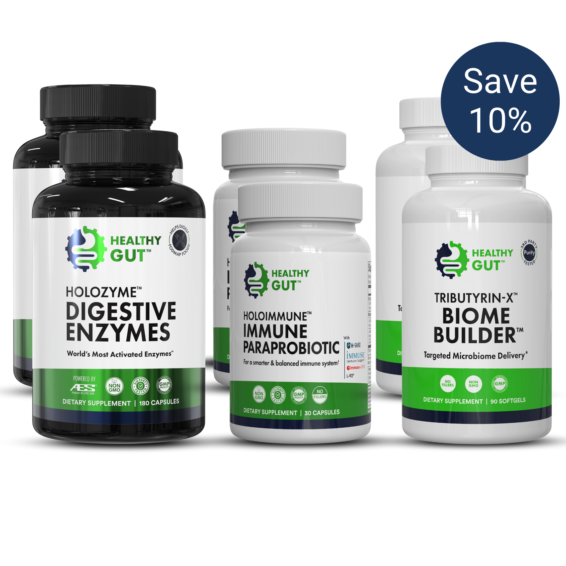 HEALTHY GUT bottles: HOLOZYME DIGESTIVE ENZYMES; HOLOMUNE IMMUNE PARAPROBIOTIC; TRIBUTYRIN-X BIOME BUILDER; Save 10%