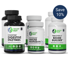 HEALTHY GUT bottles: HOLOZYME DIGESTIVE ENZYMES; HOLOMUNE IMMUNE PARAPROBIOTIC; TRIBUTYRIN-X BIOME BUILDER; Save 10%