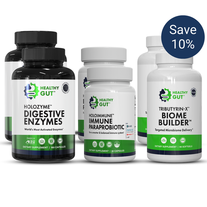 HEALTHY GUT bottles: HOLOZYME DIGESTIVE ENZYMES; HOLOMUNE IMMUNE PARAPROBIOTIC; TRIBUTYRIN-X BIOME BUILDER; Save 10%