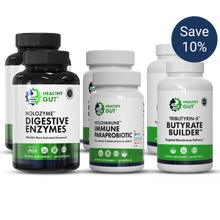 Front view of 60-Day Leaky Gut Bundle showing HoloZyme, HoloImmune, and Tributyrin-X supplement bottles with Save 10 percent badge