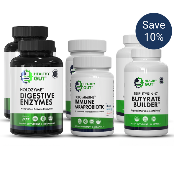 Front view of 60-Day Leaky Gut Bundle showing HoloZyme, HoloImmune, and Tributyrin-X supplement bottles with Save 10 percent badge