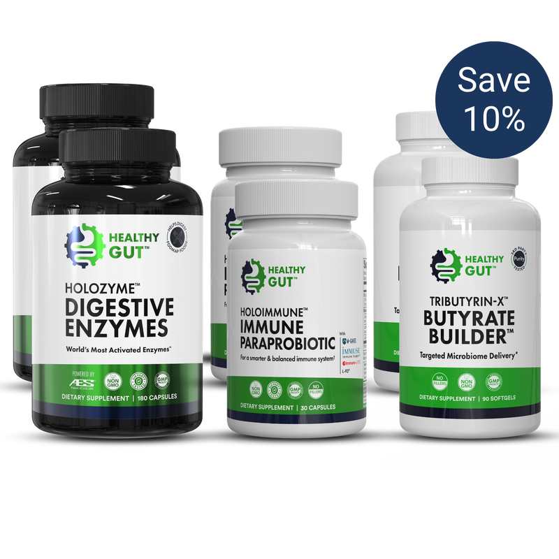 Front view of 60-Day Leaky Gut Bundle showing HoloZyme, HoloImmune, and Tributyrin-X supplement bottles with Save 10 percent badge