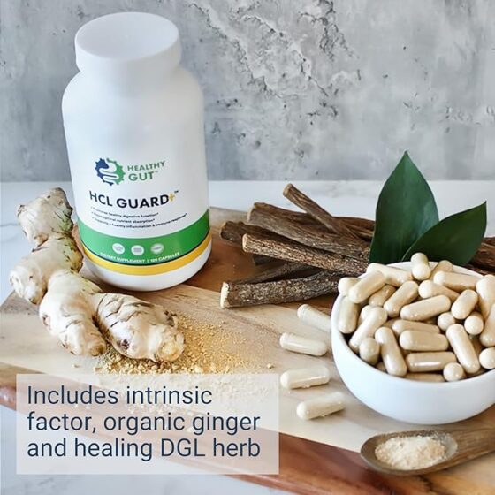 HCL Guard bottle with capsules and licorice sticks; Includes intrinsic factor, organic ginger and healing DGL herb