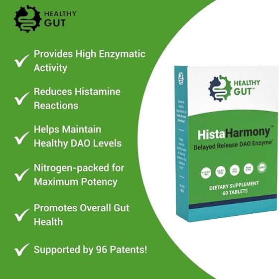 Three-quarter view of HistaHarmony delayed-release DAO enzyme supplement box showing Healthy Gut logo and '60 tablets' on white background