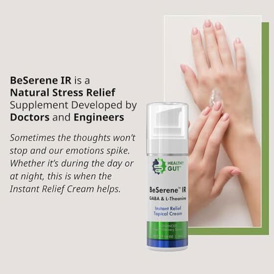 Product shot of BeSerene IR cream pump with hands applying cream and overlay reading BeSerene IR is a Natural Stress Relief