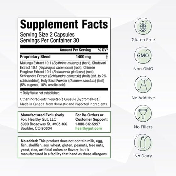 BeSerene Daily Supplement Facts: Serving Size 2 Capsules; Proprietary Blend 1400 mg. Icons: Gluten Free, Non-GMO, No Dairy, No additives, no fillers