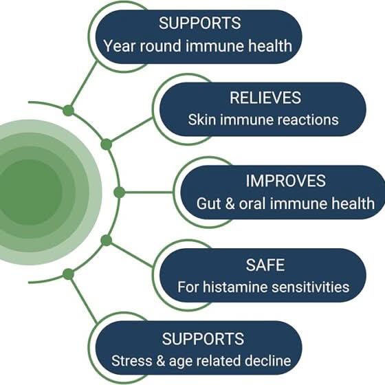 Infographic of HoloImmune benefits: supports immunity, relieves skin reactions, improves gut and oral health, histamine safe