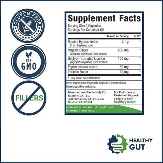Supplement Facts panel with icons reading Gluten Free / non-GMO / no FILLERS and the Healthy Gut logo.