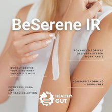 BeSerene IR tube with text: ADVANCED TOPICAL DELIVERY SYSTEM WORKS FAST; NON-HABIT FORMING - DRUG-FREE; HEALTHY GUT.