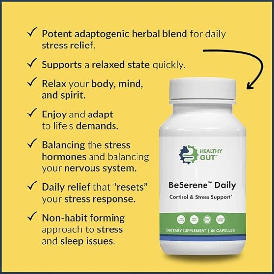 BeSerene Daily bottle — Control & Stress Support; bullets: adaptogenic herbal blend for stress relief; non-habit forming