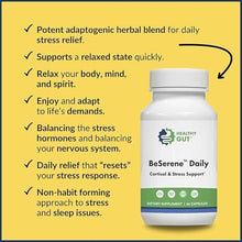 BeSerene Daily bottle — Control & Stress Support; bullets: adaptogenic herbal blend for stress relief; non-habit forming
